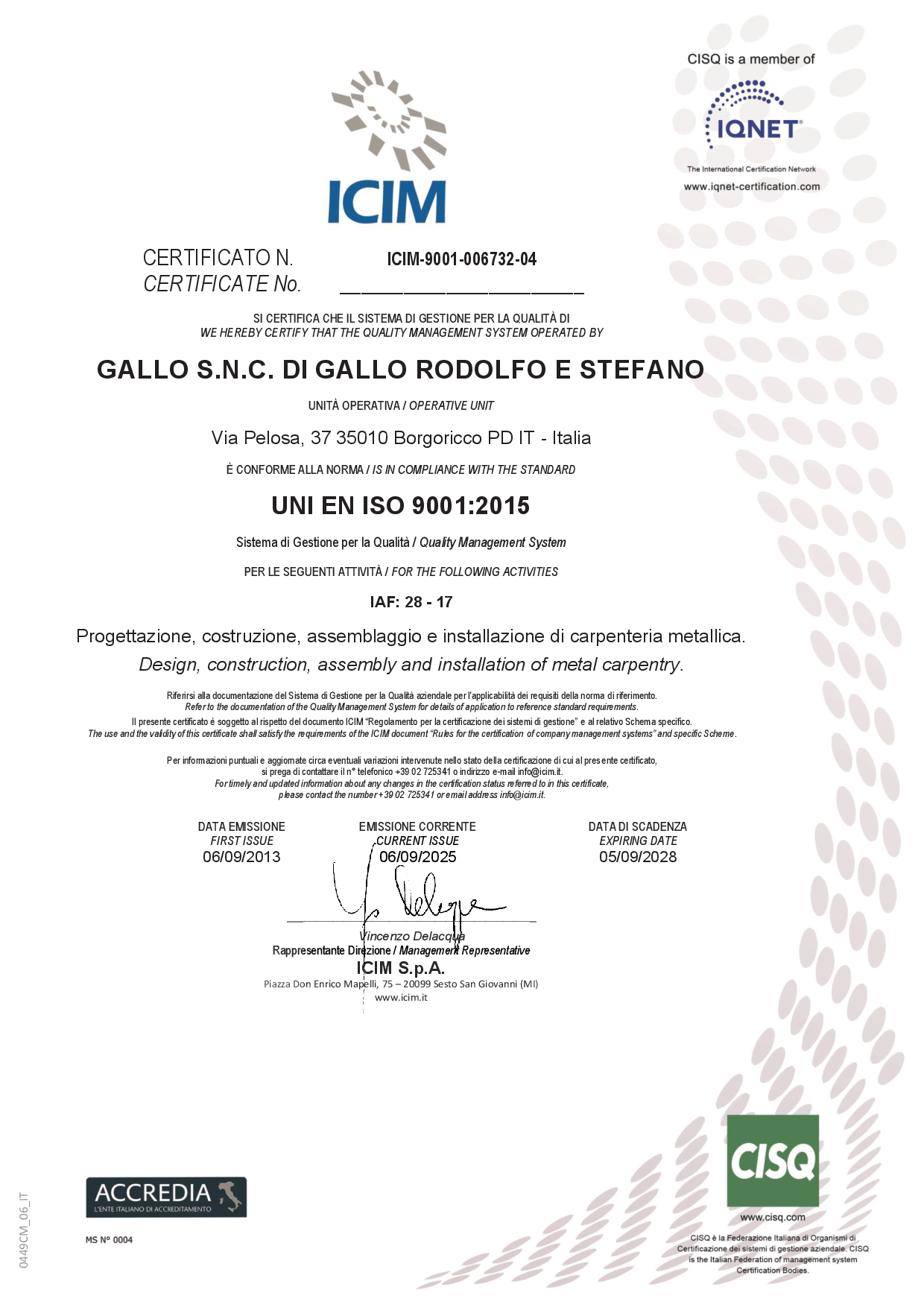 Carpenteria Gallo - RINNOVO CERTIFICAZIONE UNI EN ISO 9001